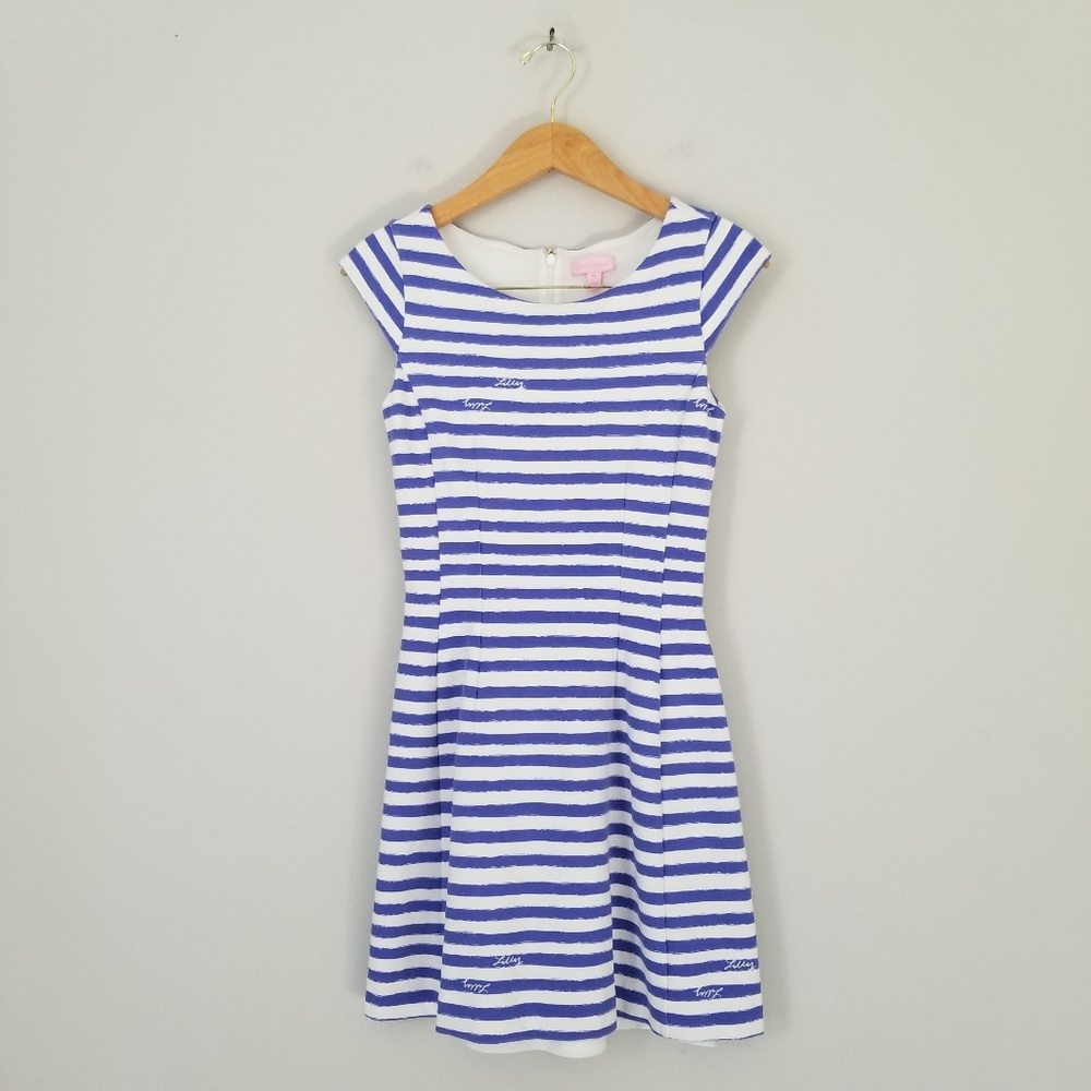 Lilly Pulitzer Briella Fit Flare Summer Dress Society Blue White Striped Sz XS